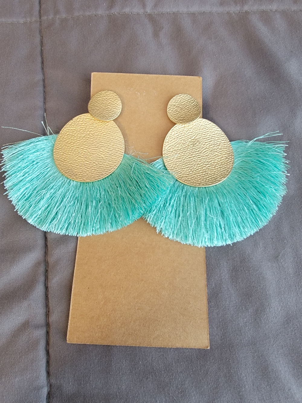 Plunder "INGRID" Gold and Aqua Fan Tassel Statement Earrings